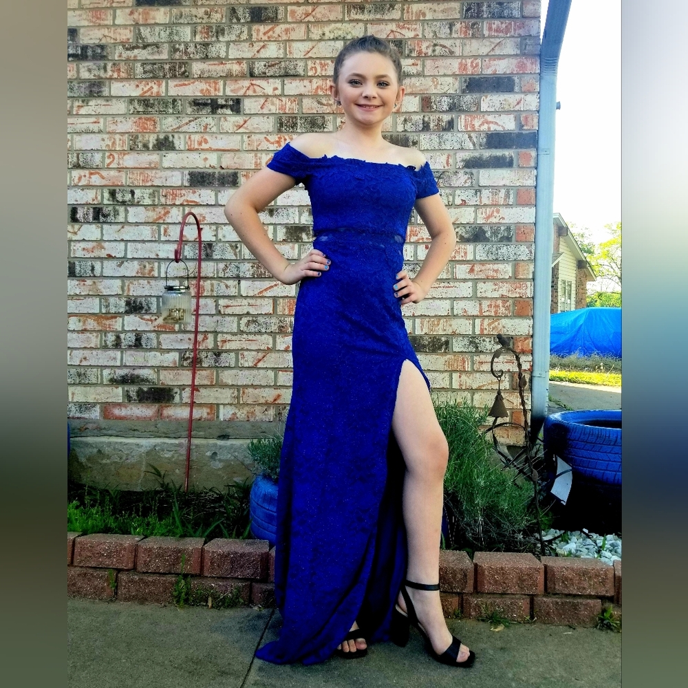 Sequin Hearts Blue Off-Shoulder Flutter Sleeve Gown - Picture 8 of 10